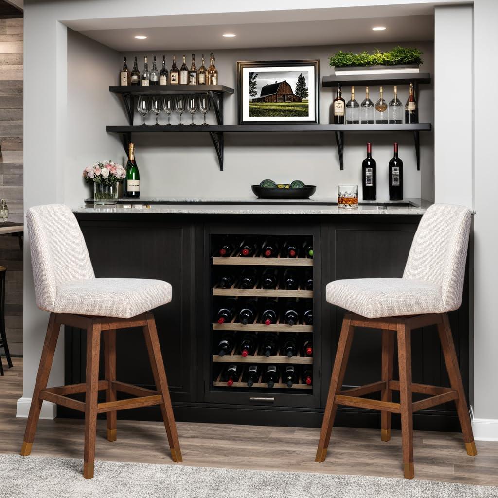 image:imageArmen Living Amelia Swivel Bar Stool in Brown Oak Wood Finish with Beige Fabric Set of 4