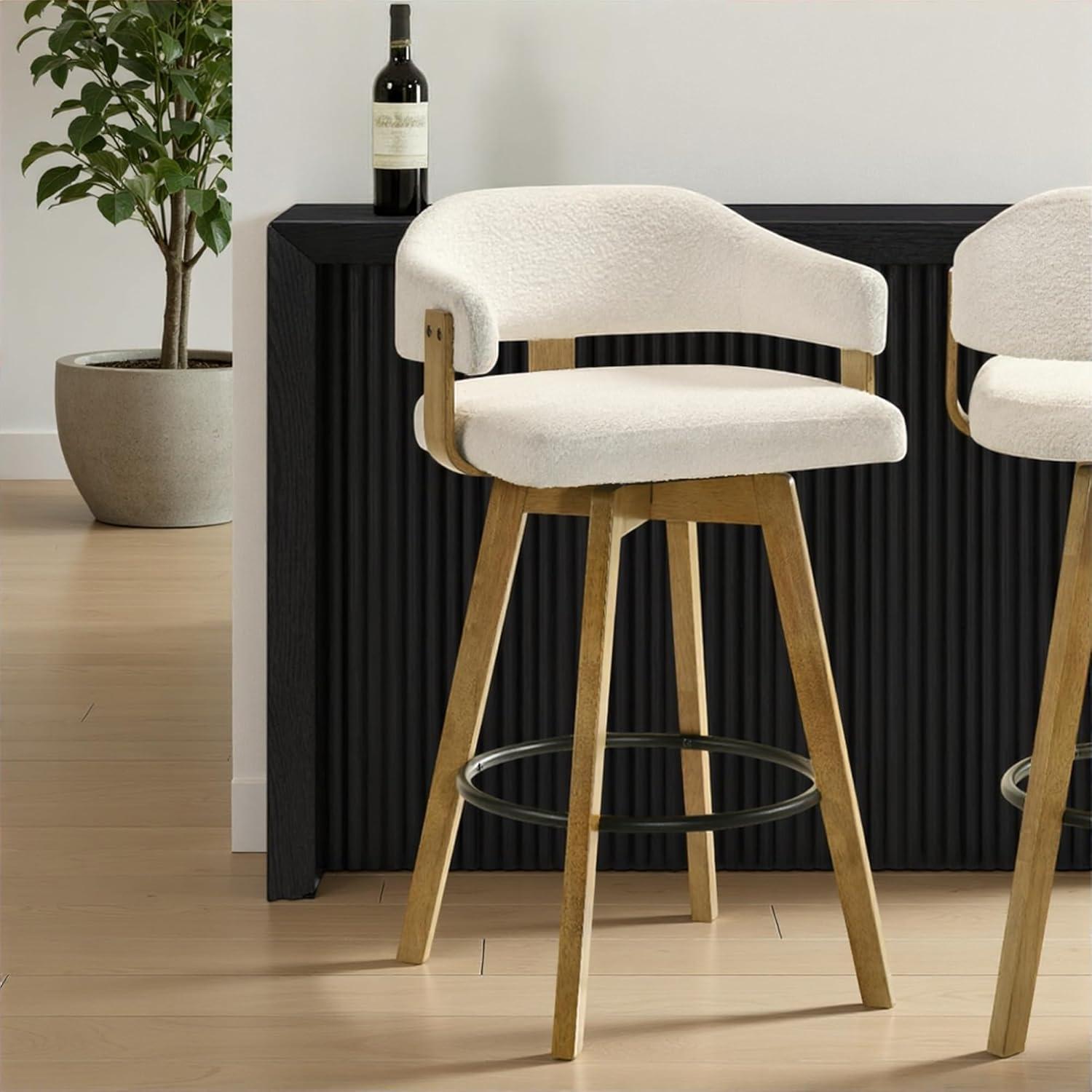 image:imageCallah Contemporary Natural Wood Counter Height Kitchen Bar Stool in Amber Glow Finish with White Boucle Fabric Upholstered Seat30 Bar Height