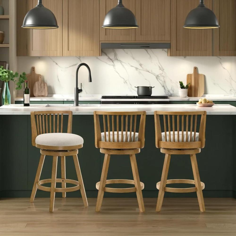 image:imageArmen Living Harper 26 in Amber Glow Counter Height Rubberwood Swivel Barstool with Ivory Fabric Seat  Set of 3