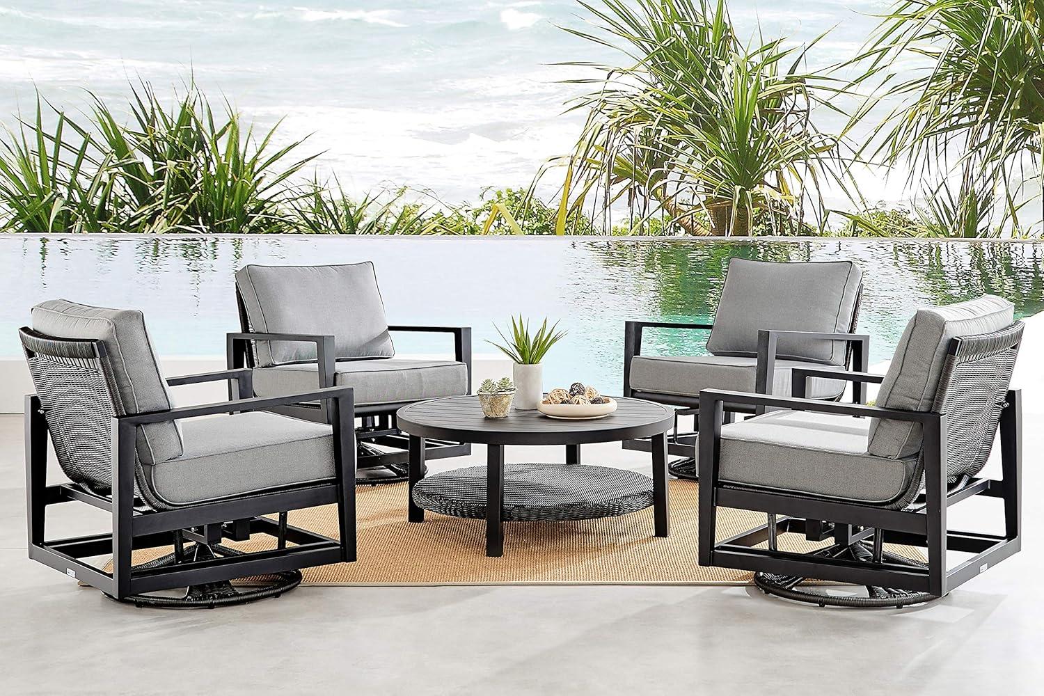 image:imageArmen Living Cayman Black Aluminum Outdoor Swivel Glider Chair with Dark Grey Cushions