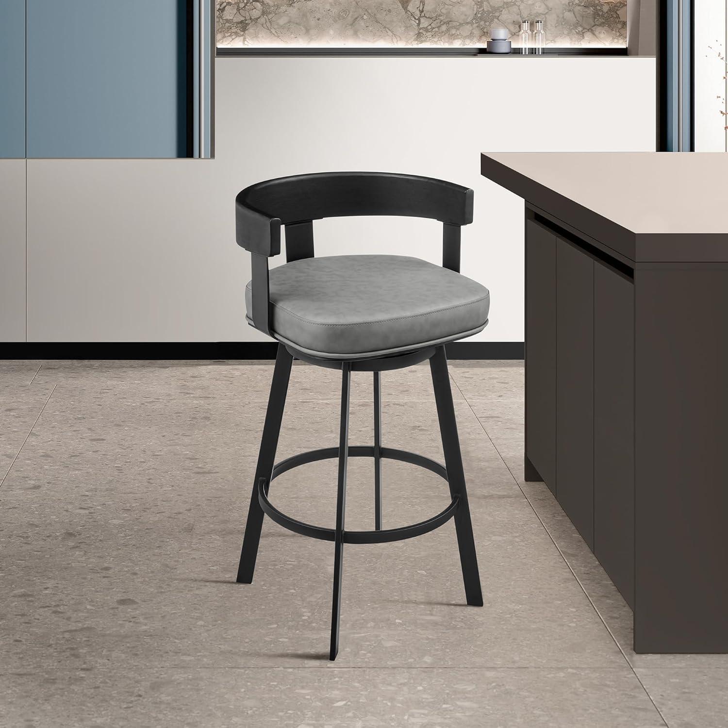 image:imageArmen Living Idris 26 Swivel Counter Stool in Black Iron with Walnut Finish and Vintage Gray Faux LeatherVintage GrayBlack