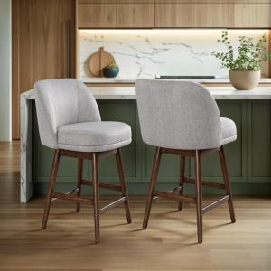 Armen Living Sadie Brown Solid Wood Upholstered 26″ Counter Height Swivel Barstool with Taupe Fabric Seat – Set of 2