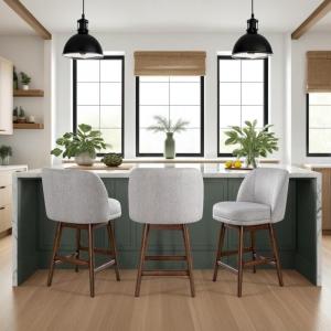 Armen Living Sadie Brown Solid Wood Upholstered 26″ Counter Height Swivel Barstool with Taupe Fabric Seat – Set of 3