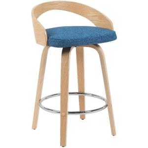Sonia Modern Swivel Counter Height Bar Stool with Black Upholstered Seat and Patterned Oak Wood Finish Set of 4(Blue Fabric/Oak)