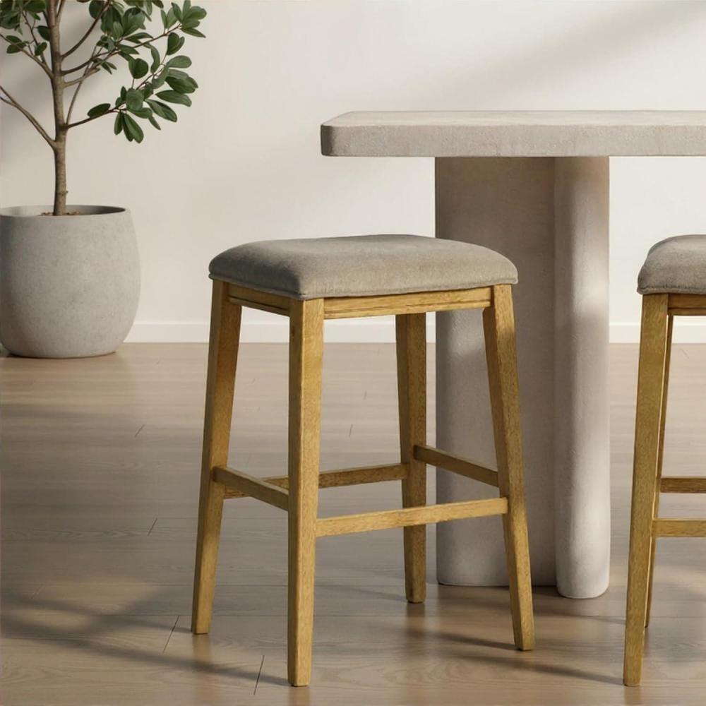 image:imageJane Contemporary Transitional Wood Bar Height Kitchen Bar Stool in Amber Glow Finish with Taupe Fabric Upholstered Seat  Set of 3