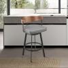 image:imageLacey 30 Swivel Bar Stool in Black Iron with Walnut Finish and Vintage Gray Faux Leather  Set of 2