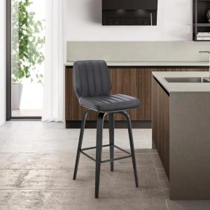 Renee 26″ Swivel Gray Faux Leather and Black Wood Bar Stool – Set of 4
