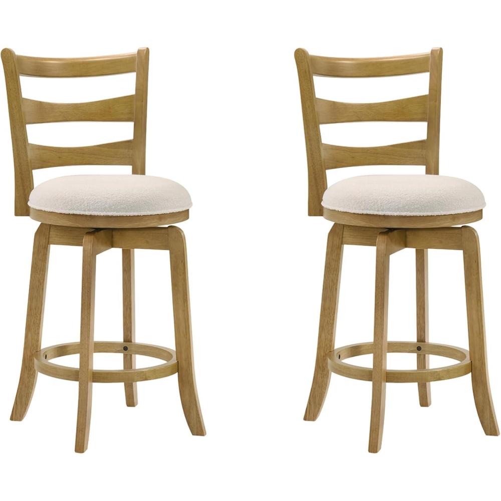 image:imageMelindra Modern Farmhouse Swivel Wood Bar Height Kitchen Bar Stool in Amber Glow Finish with White Boucle Fabric Upholstered Seat Set of 4WhiteAmber Glow