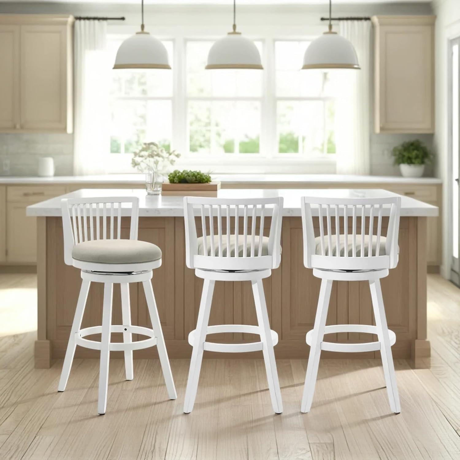 image:imageArmen Living Harper 26 in Matte White Counter Height Rubberwood Swivel Barstool with Fog Fabric Seat Set of 2