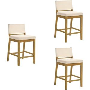 Yaneli Contemporary Natural Wood Bar Height Kitchen Bar Stool in Putty Brown Finish with White Fabric Upholstered Seat(White/Amber Glow)