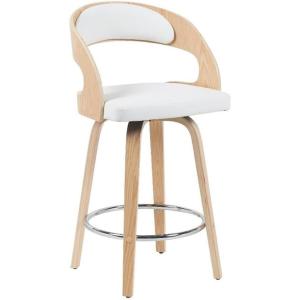 Shelly Modern Bar Height Swivel Stool in Patterned Oak Finish with White Faux Leather Upholstered Seat Set of 2(White/Oak)