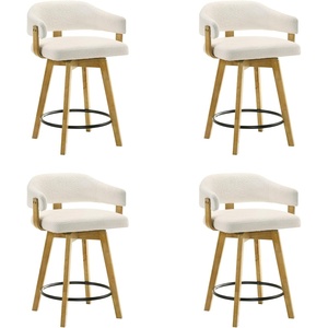 Callah Contemporary Natural Wood Bar Height Kitchen Bar Stool in Amber Glow Finish with White Boucle Fabric Upholstered Seat(26″ Counter Height)