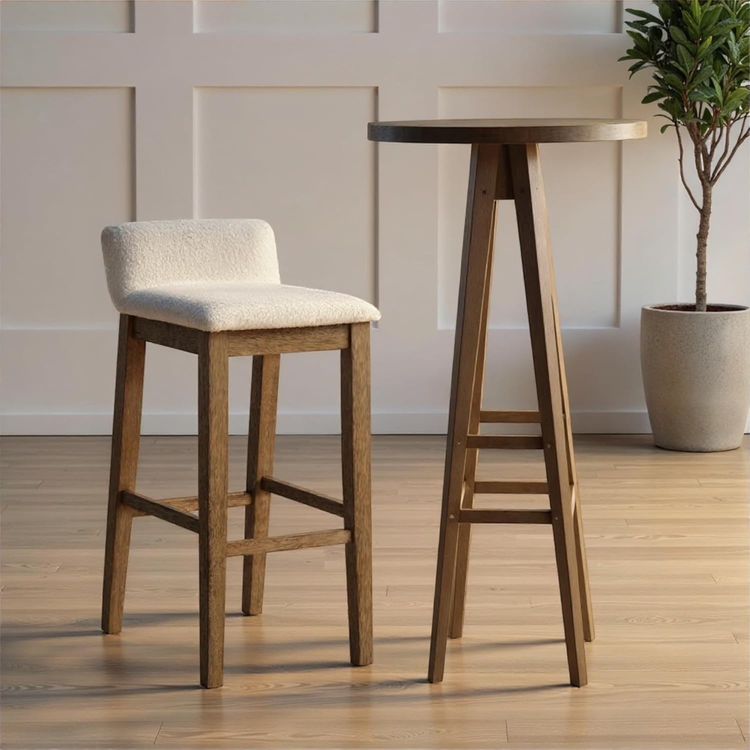 image:imageAnnikah Modern Transitional Wood Bar Height Kitchen Bar Stool in Amber Glow Finish with White Boucle Fabric Upholstered SeatWhitePutty Brown
