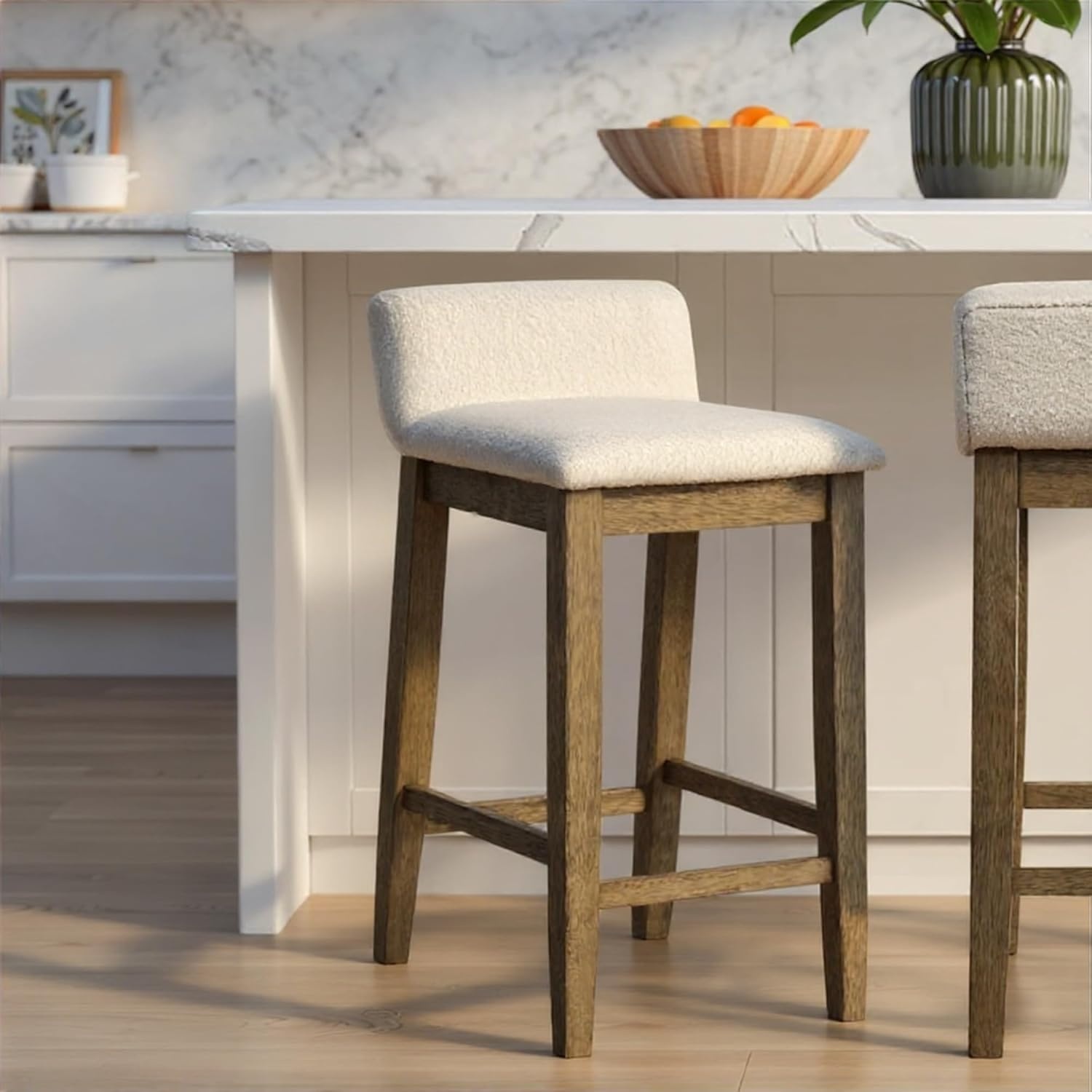 image:imageAnnikah Modern Transitional Wood Bar Height Kitchen Bar Stool in Amber Glow Finish with White Boucle Fabric Upholstered SeatWhitePutty Brown