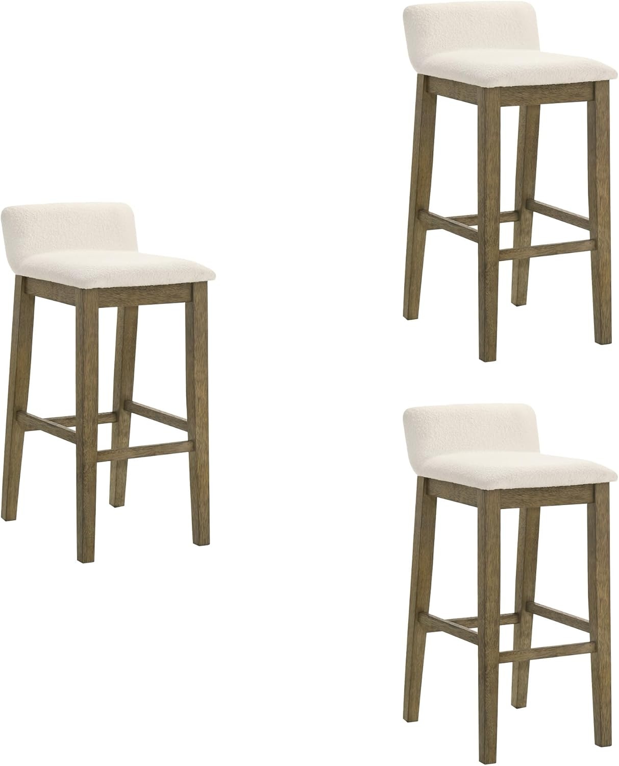 image:imageAnnikah Modern Transitional Wood Bar Height Kitchen Bar Stool in Amber Glow Finish with White Boucle Fabric Upholstered SeatWhitePutty Brown