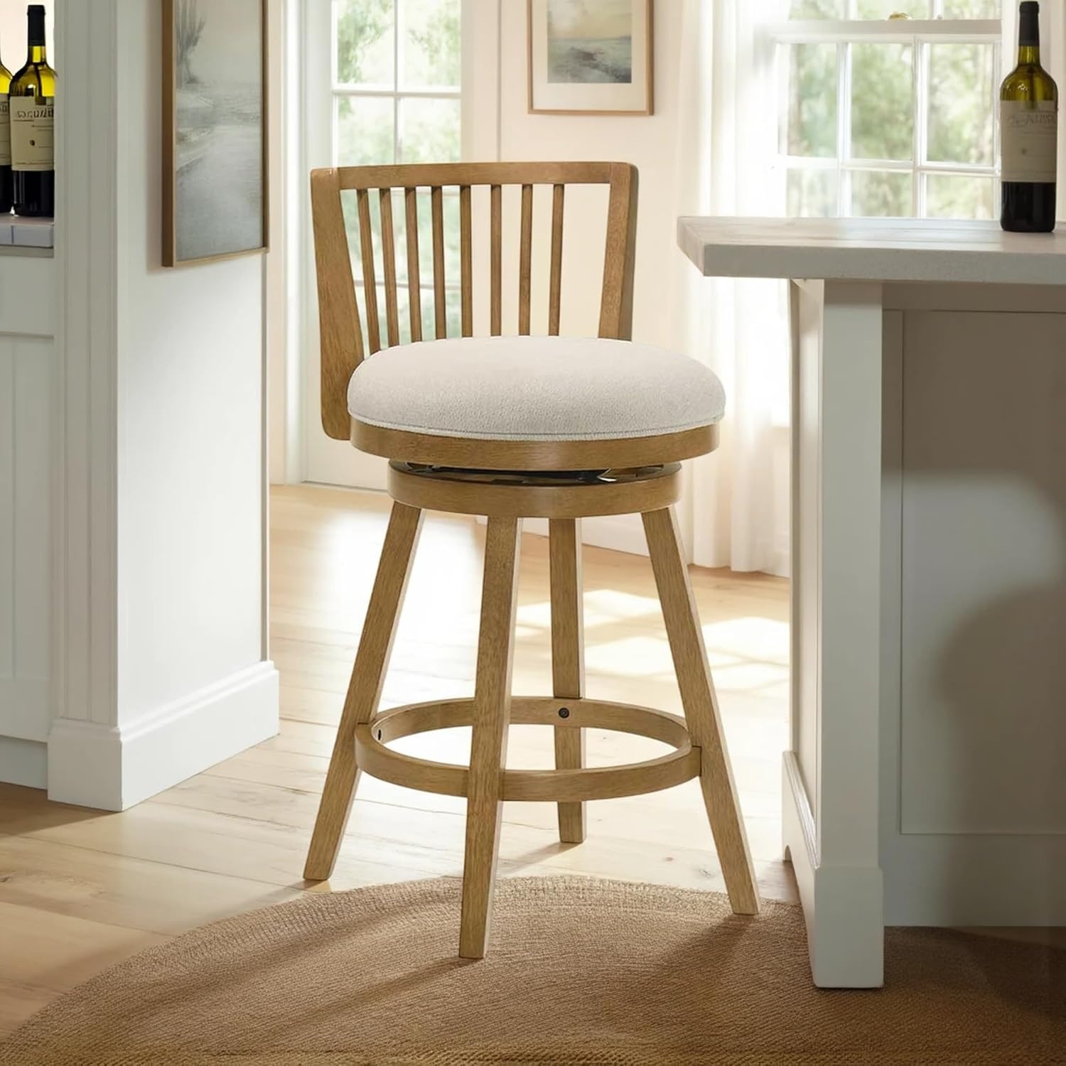 image:imageArmen Living Harper 30 in Amber Glow Bar Height Rubberwood Swivel Barstool with Ivory Fabric Seat Set of 2