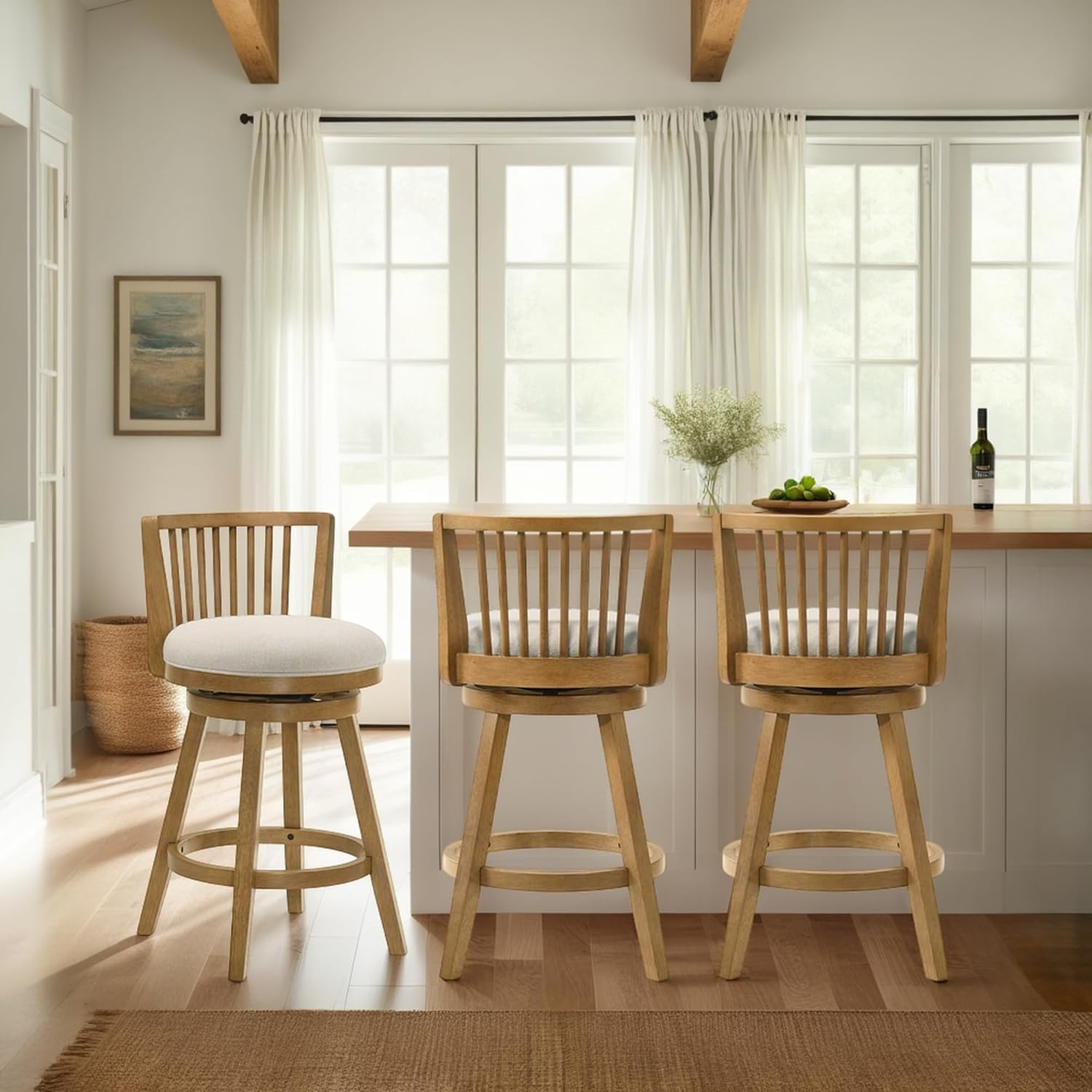image:imageArmen Living Harper 30 in Amber Glow Bar Height Rubberwood Swivel Barstool with Ivory Fabric Seat Set of 2