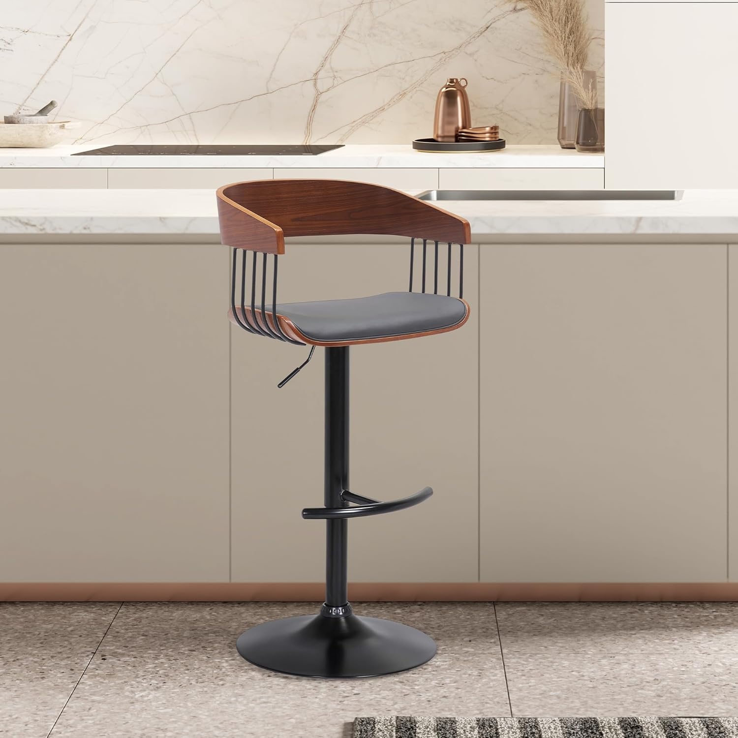 image:imageArmen Living Larisa Mid Century Modern Adjustable Height Swivel Black Wood Bar Stool for Kitchen Island Counter in Gray Faux Leather with Golden Bronze and Black MetalGray Faux Leather