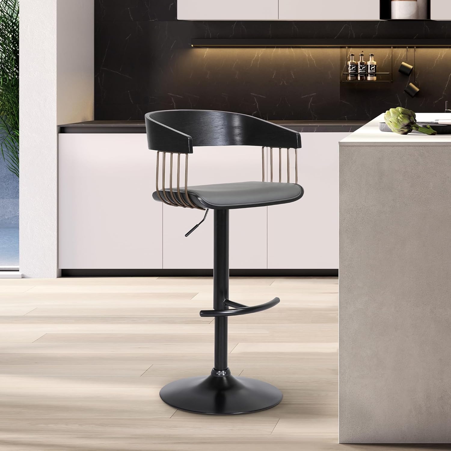 image:imageArmen Living Larisa Mid Century Modern Adjustable Height Swivel Black Wood Bar Stool for Kitchen Island Counter in Gray Faux Leather with Golden Bronze and Black MetalGray Faux Leather