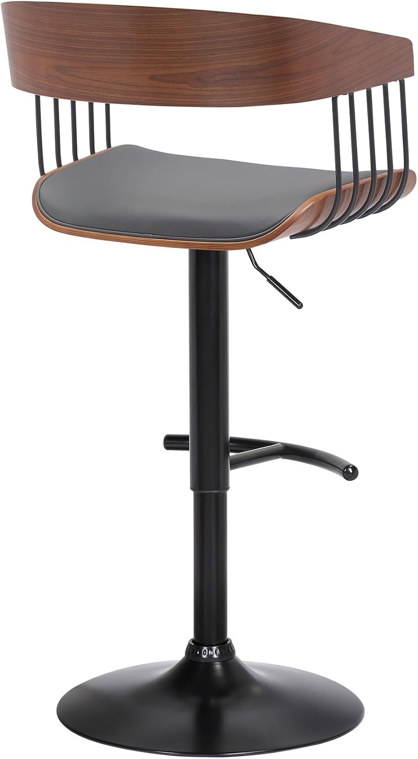 image:imageArmen Living Larisa Mid Century Modern Adjustable Height Swivel Black Wood Bar Stool for Kitchen Island Counter in Gray Faux Leather with Golden Bronze and Black MetalGray Faux Leather