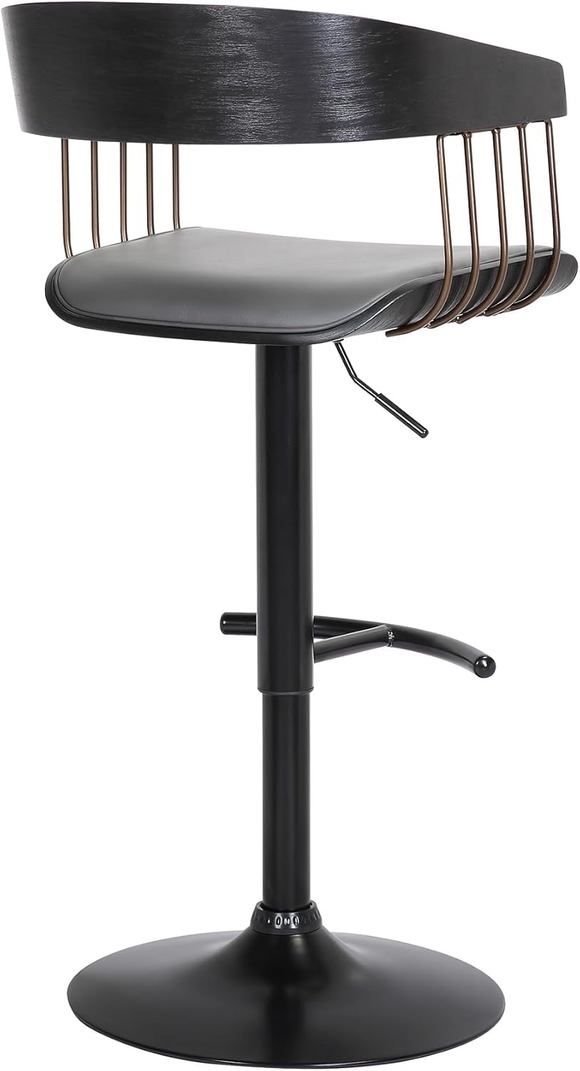 image:imageArmen Living Larisa Mid Century Modern Adjustable Height Swivel Black Wood Bar Stool for Kitchen Island Counter in Gray Faux Leather with Golden Bronze and Black MetalGray Faux Leather