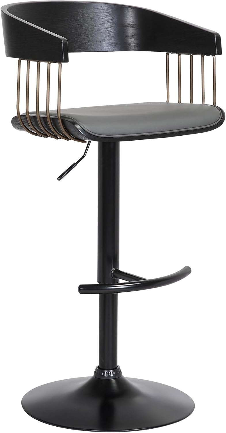 image:imageArmen Living Larisa Mid Century Modern Adjustable Height Swivel Black Wood Bar Stool for Kitchen Island Counter in Gray Faux Leather with Golden Bronze and Black MetalGray Faux Leather