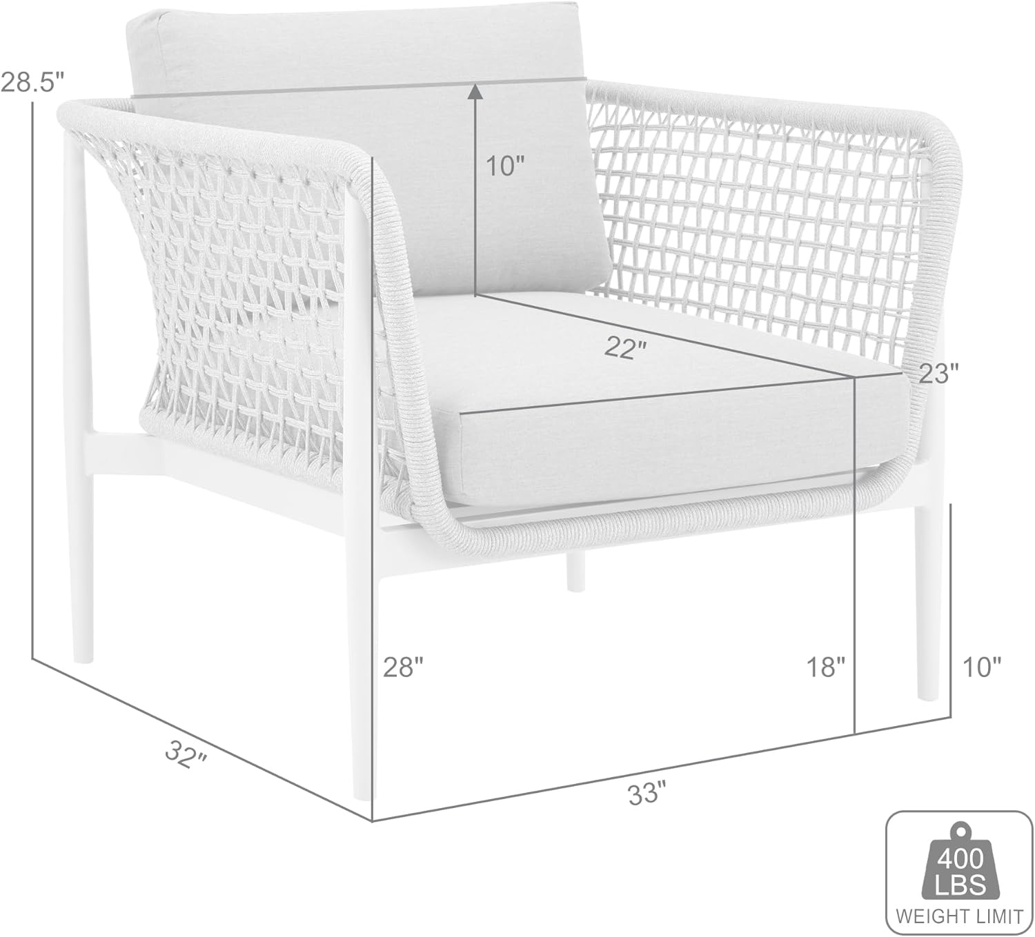 image:imageArmen Living Rhodes Outdoor Patio Armchair in Aluminum with Light Gray Rope and Cushions