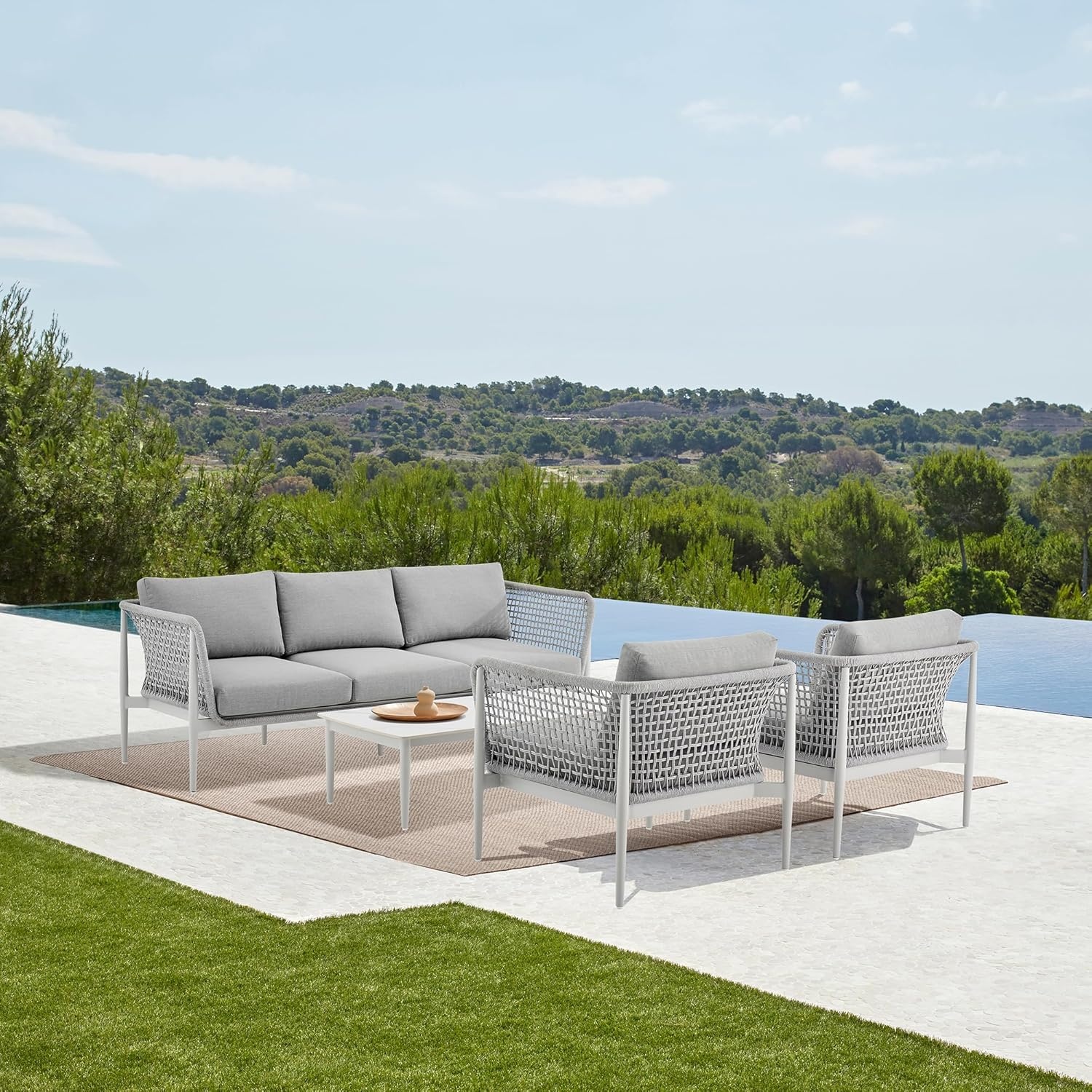 image:imageArmen Living Rhodes Outdoor Patio Armchair in Aluminum with Light Gray Rope and Cushions
