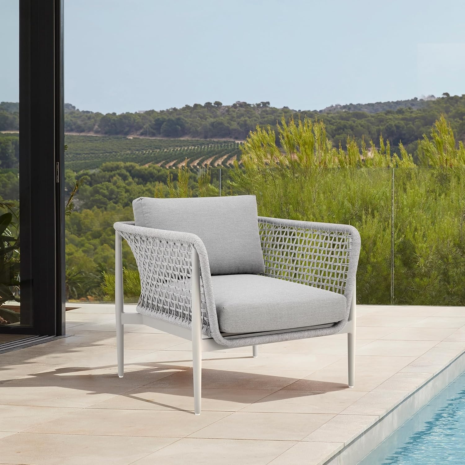 image:imageArmen Living Rhodes Outdoor Patio Armchair in Aluminum with Light Gray Rope and Cushions