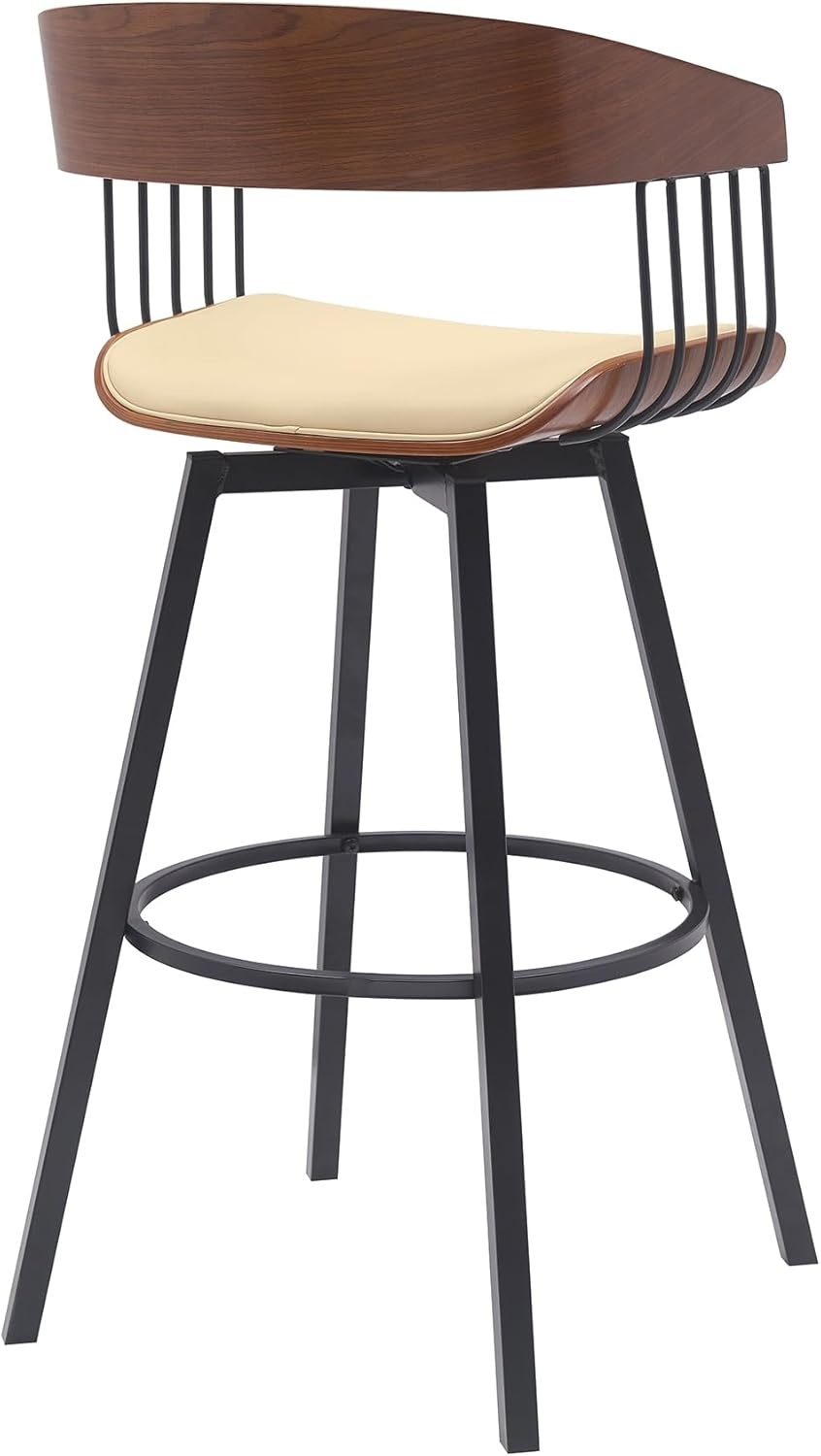 image:imageAthena 31 Swivel Walnut Wood Bar Stool in Cream Faux Leather with Black Metal Set of 3Cream