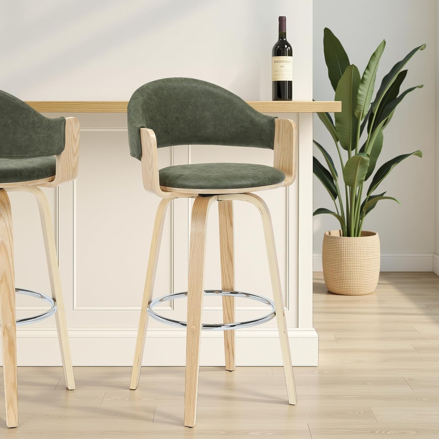 image:imageDaxton 40 in H Swivel Bar Height Vintage Green Round Back Wood Bar Stool with Faux Leather SeatVintage GreenOak