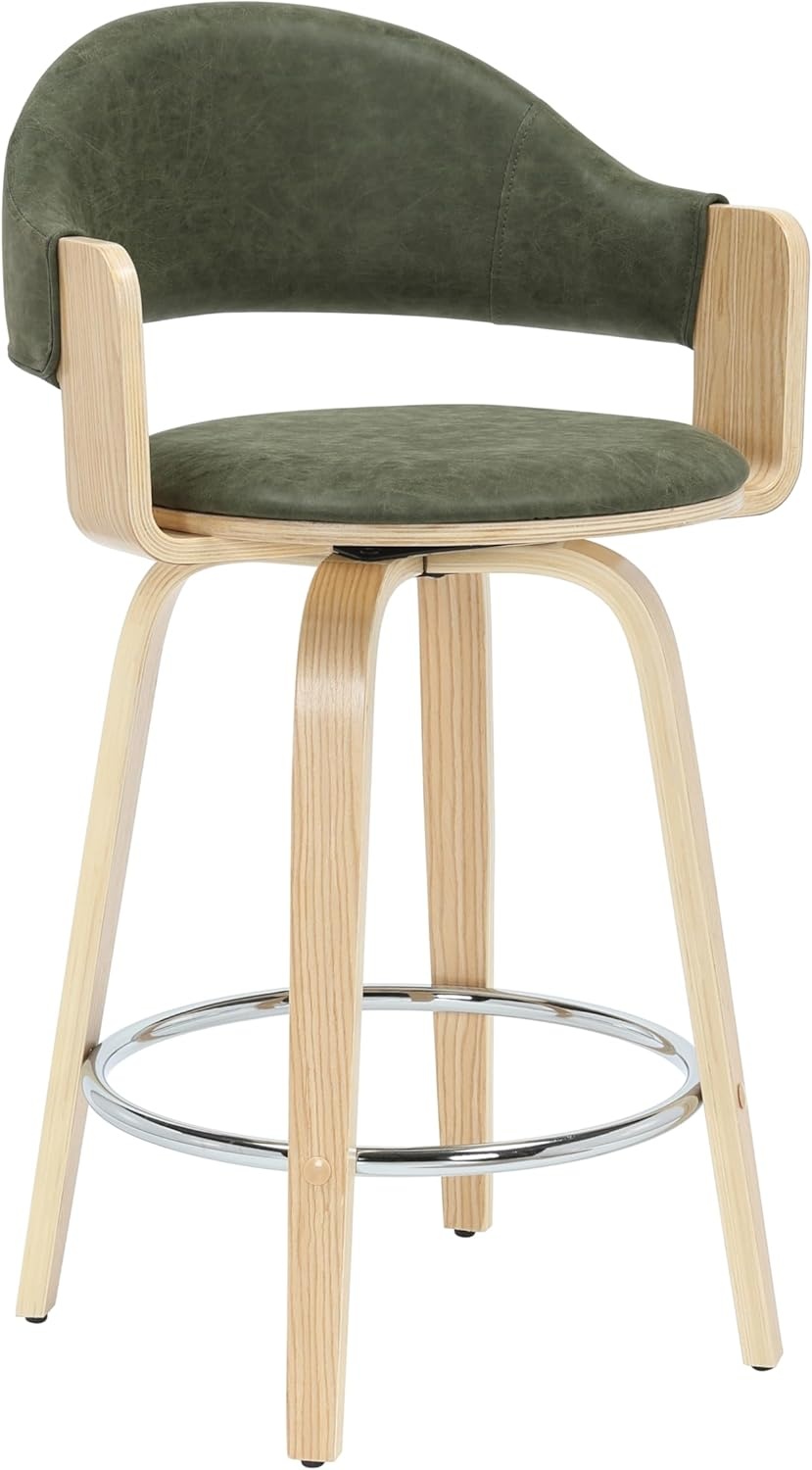 image:imageDaxton 40 in H Swivel Bar Height Vintage Green Round Back Wood Bar Stool with Faux Leather SeatVintage GreenOak