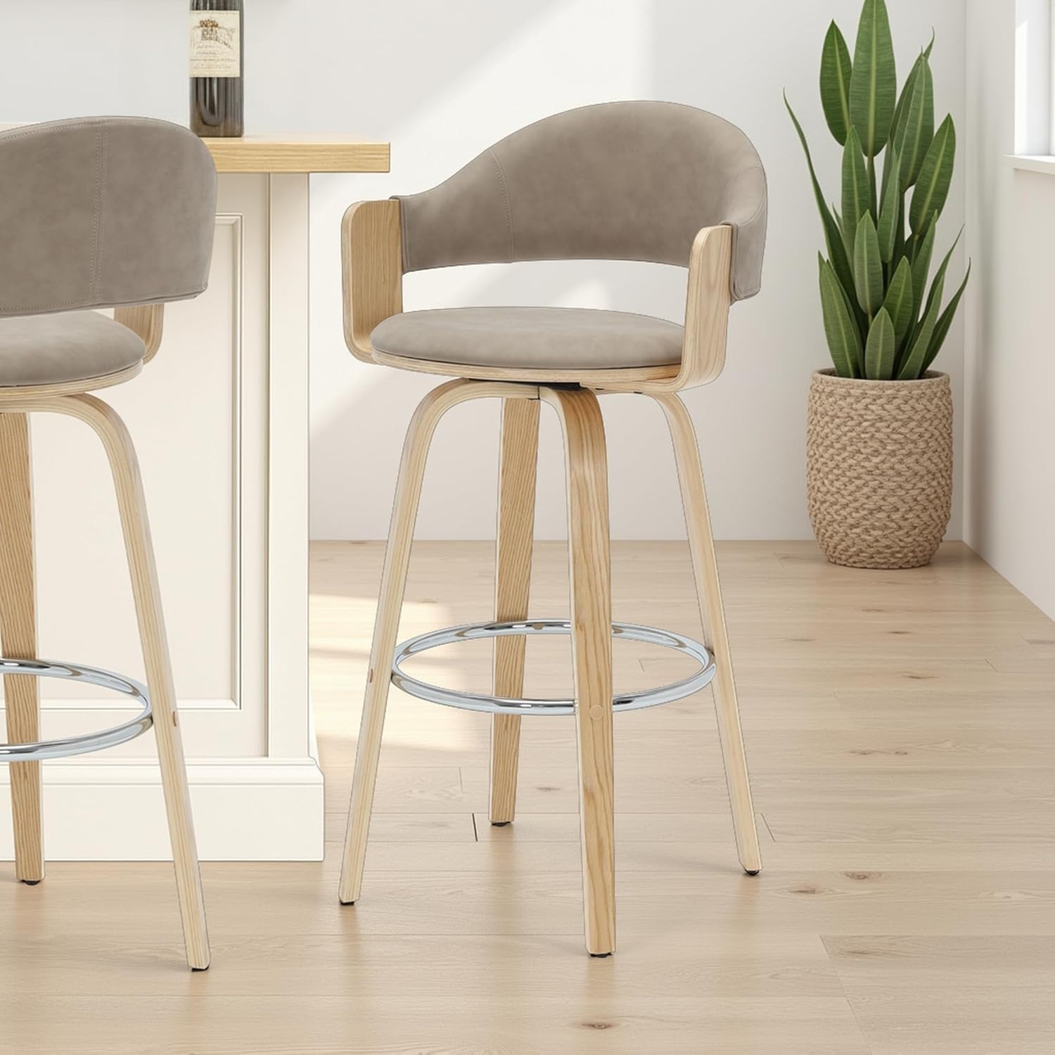 image:imageDaxton 40 in H Swivel Bar Height Vintage Green Round Back Wood Bar Stool with Faux Leather SeatVintage TaupeOak