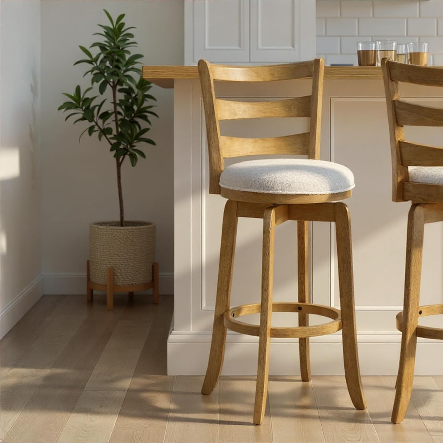 image:imageMelindra Modern Farmhouse Swivel Wood Bar Height Kitchen Bar Stool in Putty Brown Finish with White Boucle Fabric Upholstered Seat Set of 3WhiteAmber Glow
