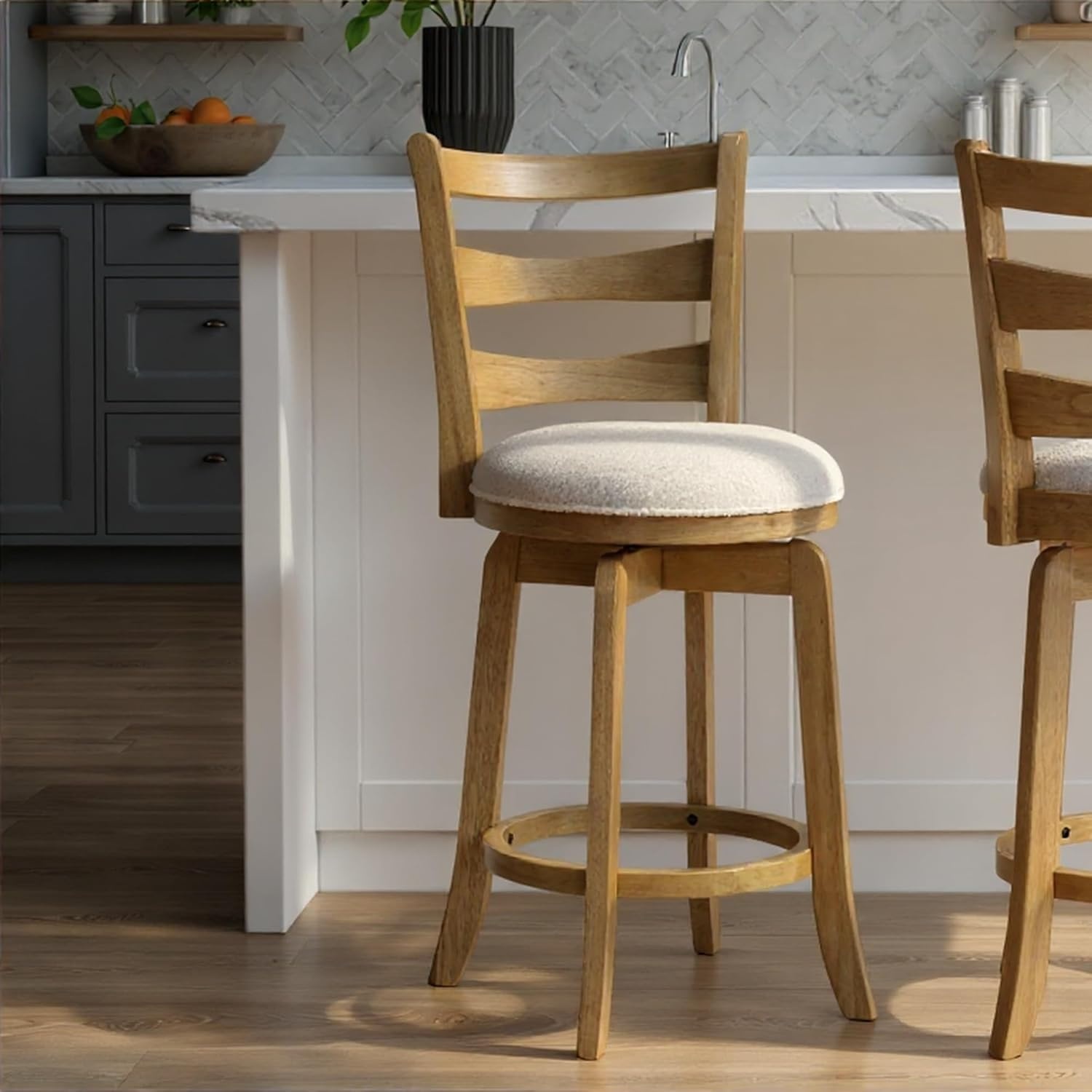 image:imageMelindra Modern Farmhouse Swivel Wood Bar Height Kitchen Bar Stool in Putty Brown Finish with White Boucle Fabric Upholstered Seat Set of 3WhiteAmber Glow