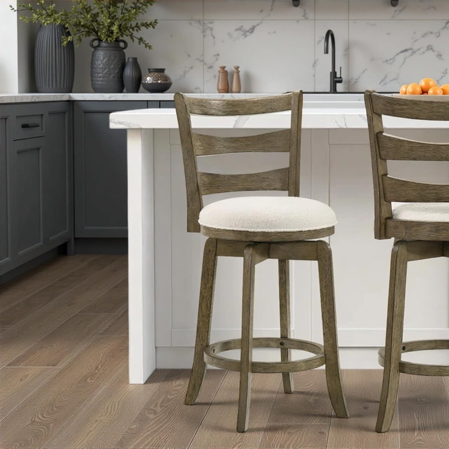 image:imageMelindra Modern Farmhouse Swivel Wood Bar Height Kitchen Bar Stool in Putty Brown Finish with White Boucle Fabric Upholstered Seat Set of 3WhitePutty Brown