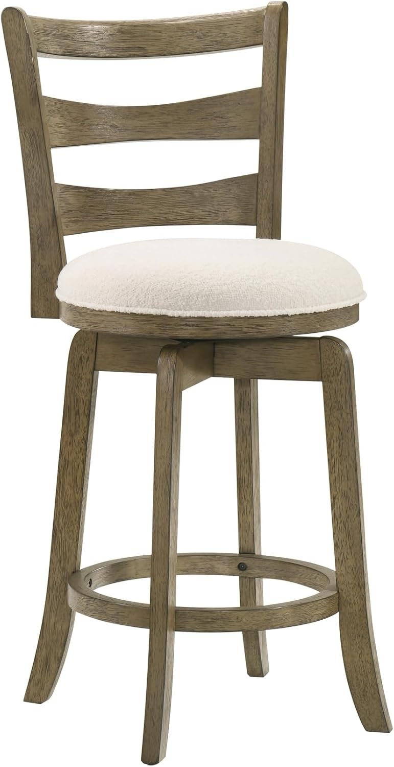 image:imageMelindra Modern Farmhouse Swivel Wood Bar Height Kitchen Bar Stool in Putty Brown Finish with White Boucle Fabric Upholstered Seat Set of 3WhitePutty Brown