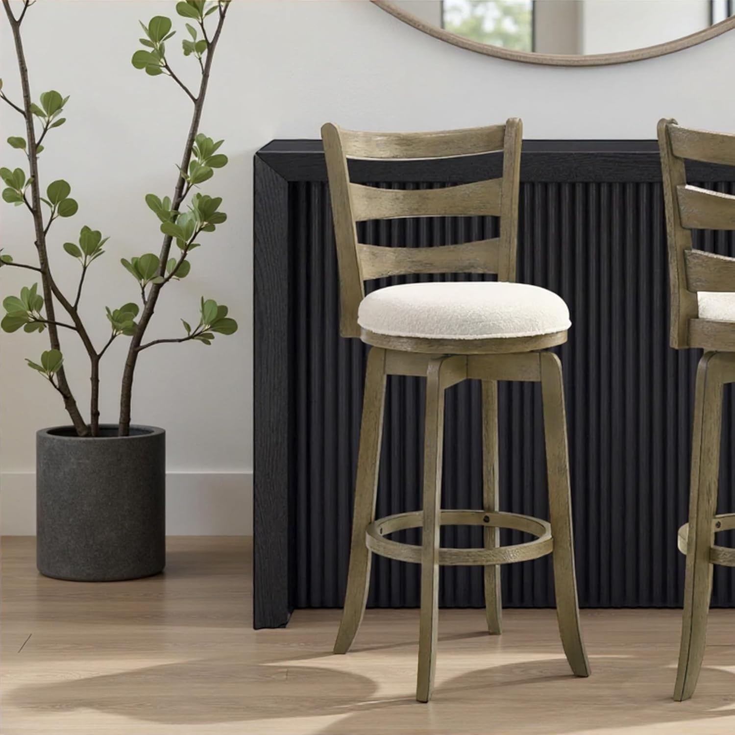 image:imageMelindra Modern Farmhouse Swivel Wood Bar Height Kitchen Bar Stool in Putty Brown Finish with White Boucle Fabric Upholstered Seat Set of 3WhitePutty Brown