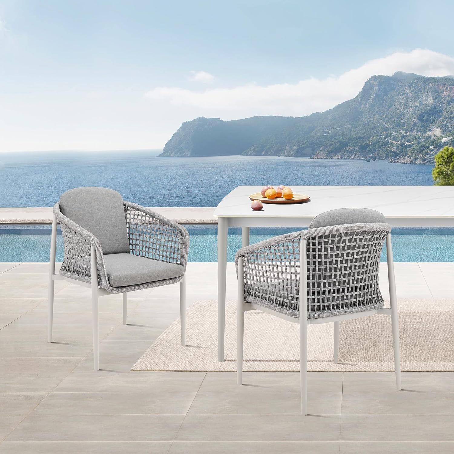 image:imageRhodes Outdoor Patio Dining Chair in Aluminum with Light Gray Rope and Cushions Set of 2