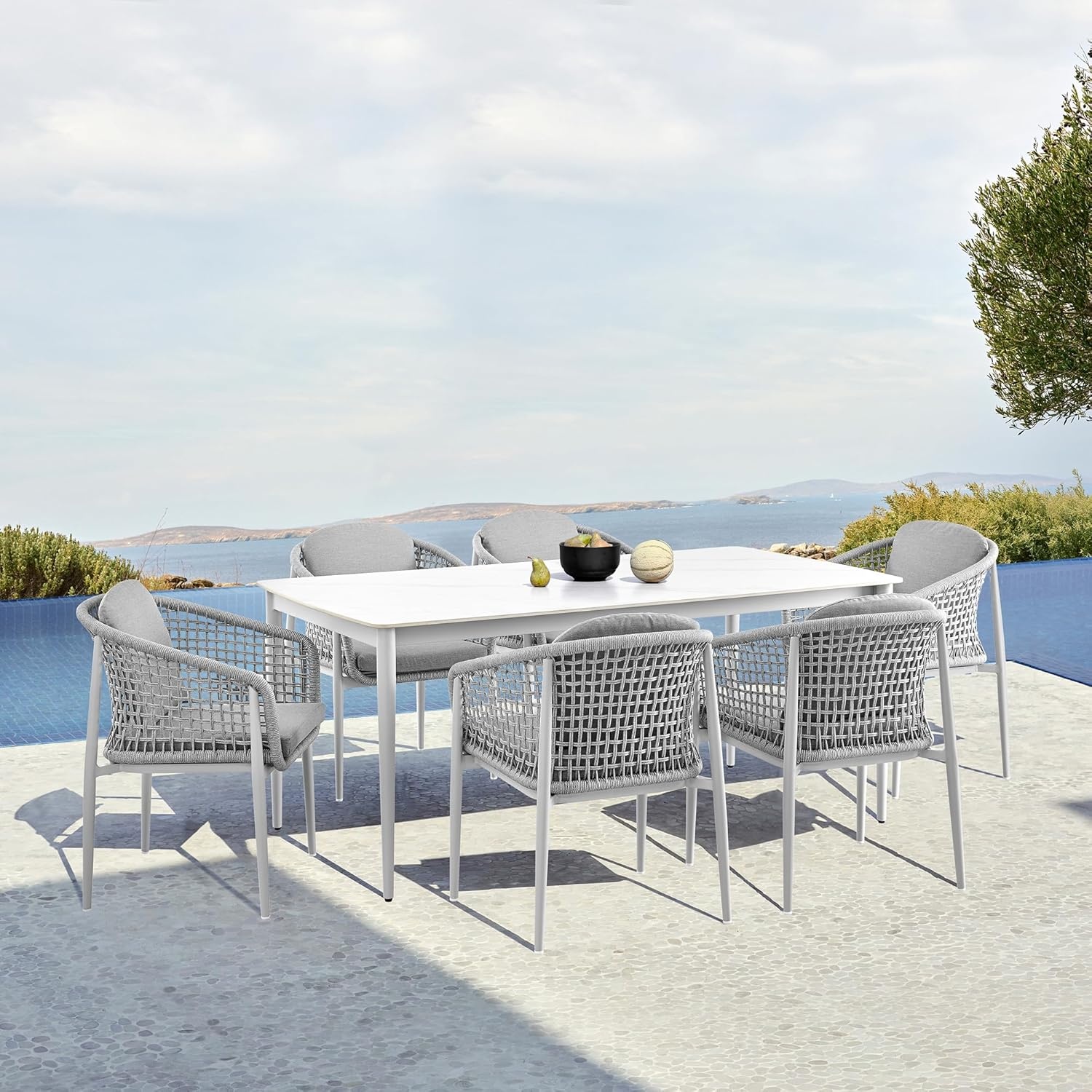 image:imageRhodes Outdoor Patio Dining Chair in Aluminum with Light Gray Rope and Cushions Set of 2