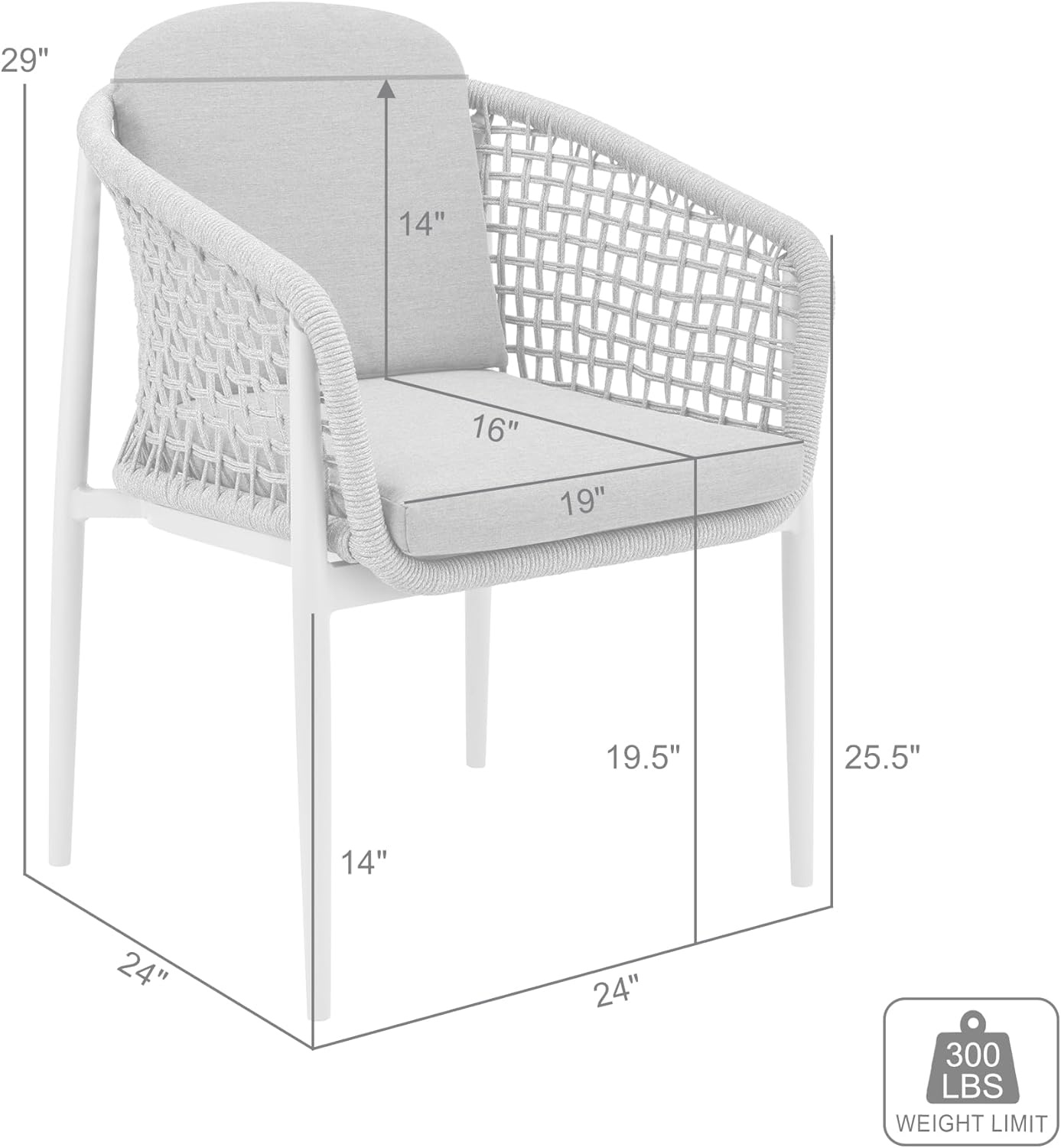 image:imageRhodes Outdoor Patio Dining Chair in Aluminum with Light Gray Rope and Cushions Set of 2