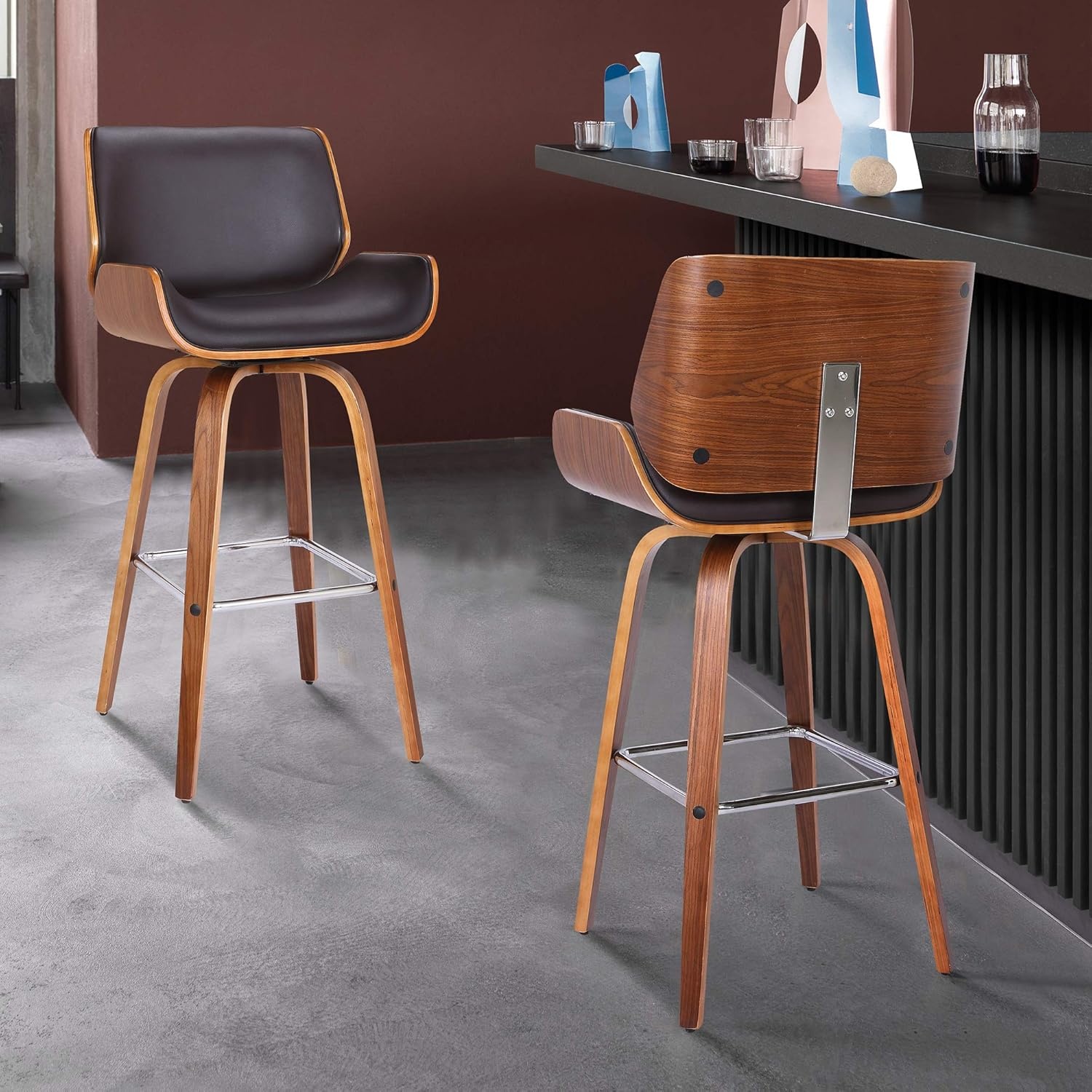 image:imageTyler Modern Swivel Bar Stool with White Wash Finished Wood and Vintage Brown Upholstery Set of 2BrownWalnut