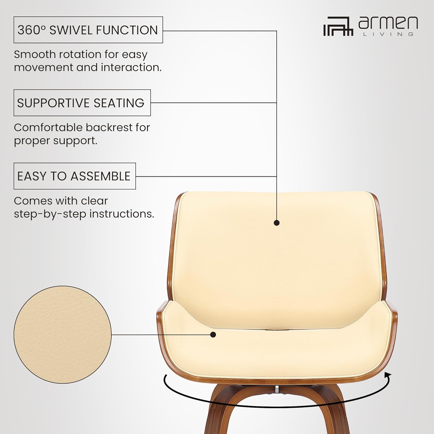 image:imageTyler Modern Swivel Bar Stool with White Wash Finished Wood and Vintage Brown Upholstery Set of 2CreamWalnut