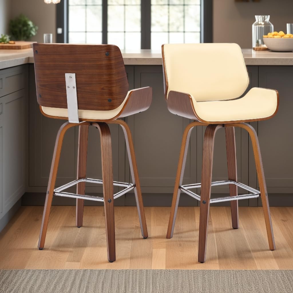 image:imageTyler Modern Swivel Bar Stool with White Wash Finished Wood and Vintage Brown Upholstery Set of 2CreamWalnut