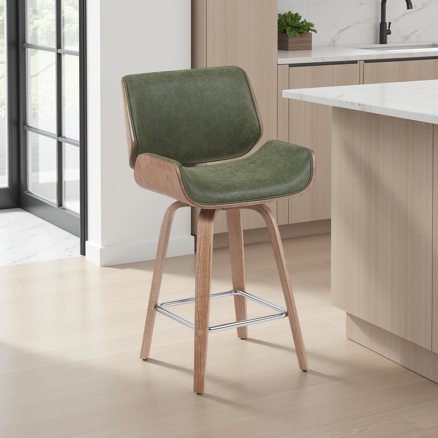 image:imageTyler Modern Swivel Bar Stool with White Wash Finished Wood and Vintage Brown Upholstery Set of 2Vintage GreenNatural