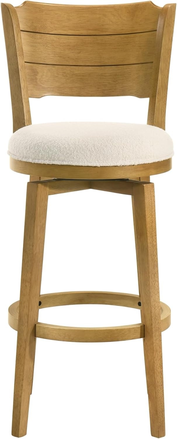image:imageWinsley Coastal Modern Swivel Wood Bar Height Kitchen Bar Stool in Amber Glow Finish with White Boucle Fabric Upholstered Seat Set of 3