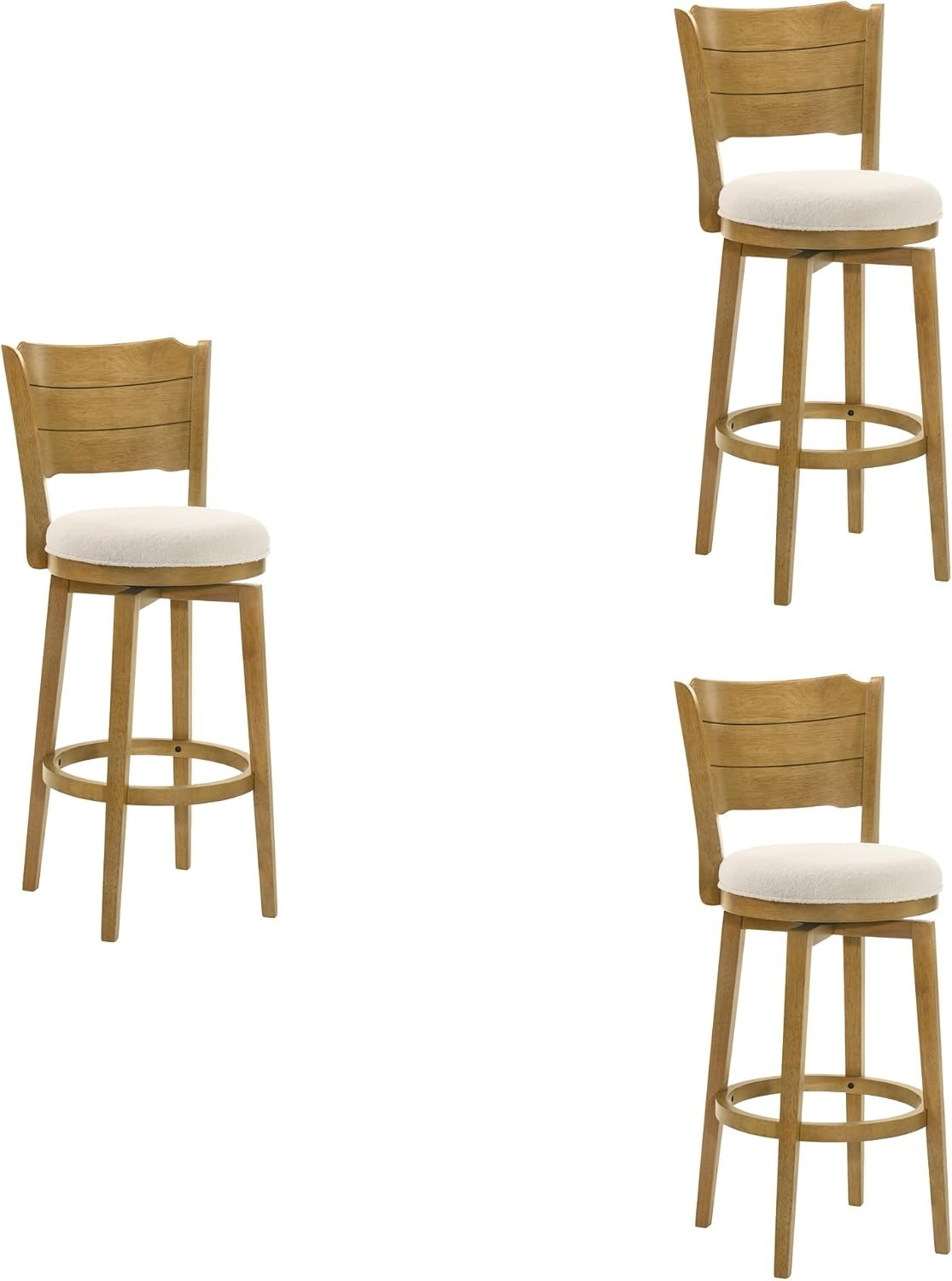 image:imageWinsley Coastal Modern Swivel Wood Bar Height Kitchen Bar Stool in Amber Glow Finish with White Boucle Fabric Upholstered Seat Set of 3
