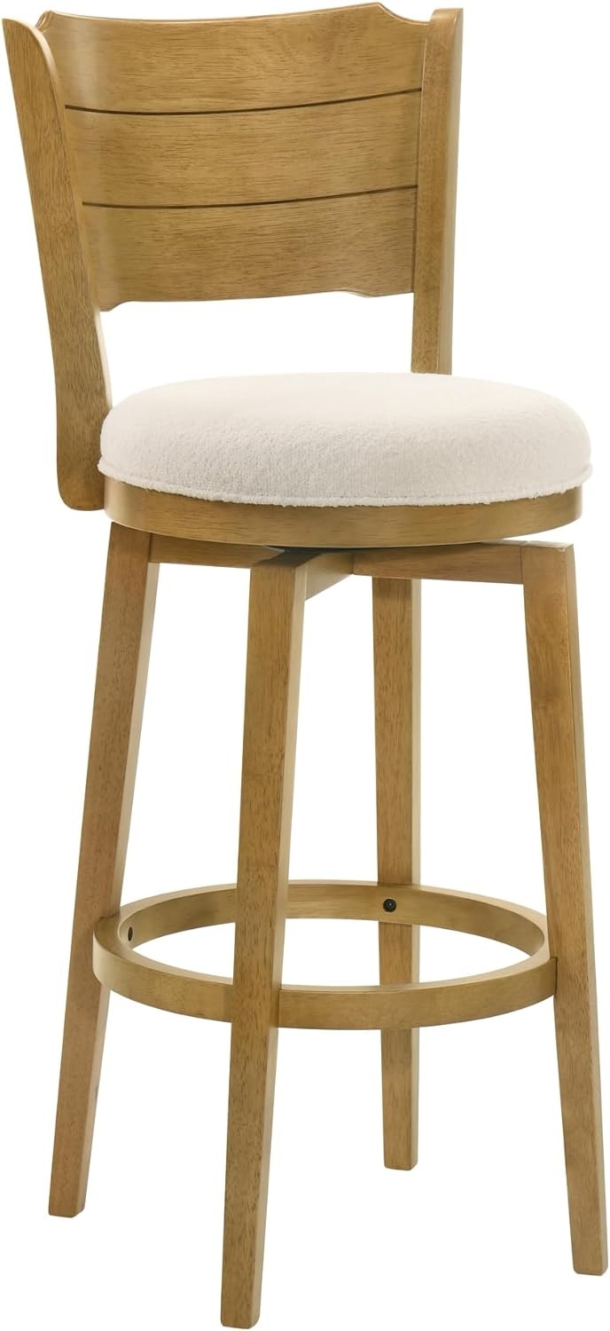 image:imageWinsley Coastal Modern Swivel Wood Bar Height Kitchen Bar Stool in Amber Glow Finish with White Boucle Fabric Upholstered Seat Set of 3