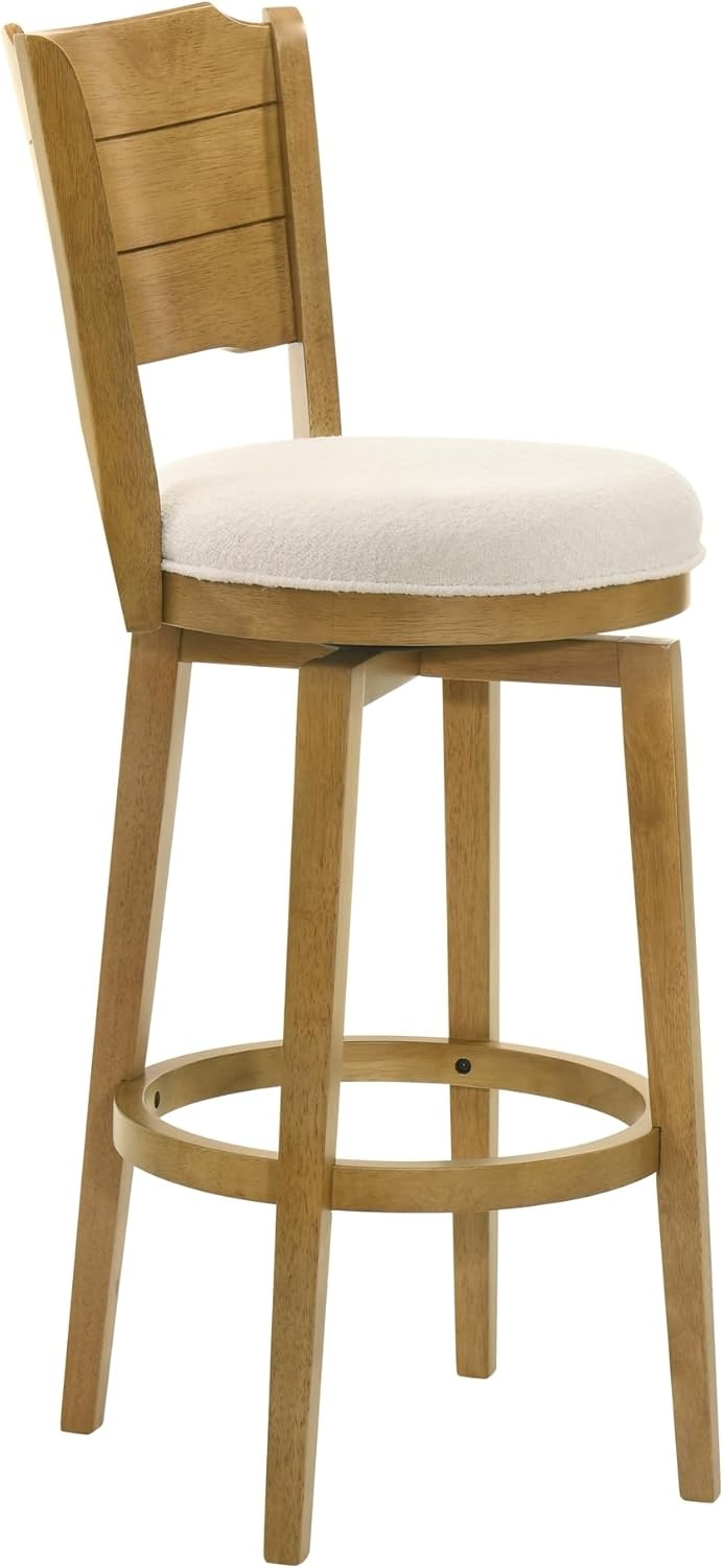 image:imageWinsley Coastal Modern Swivel Wood Bar Height Kitchen Bar Stool in Amber Glow Finish with White Boucle Fabric Upholstered Seat Set of 3