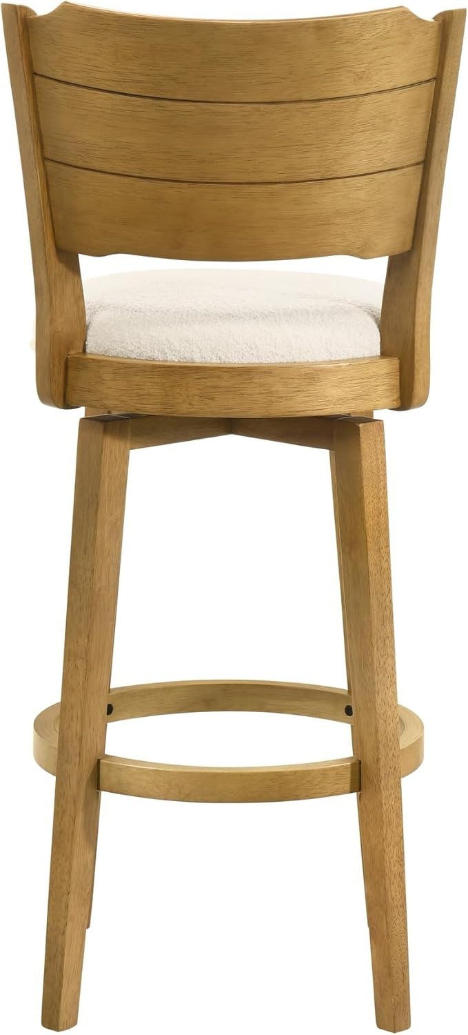 image:imageWinsley Coastal Modern Swivel Wood Bar Height Kitchen Bar Stool in Amber Glow Finish with White Boucle Fabric Upholstered Seat Set of 3